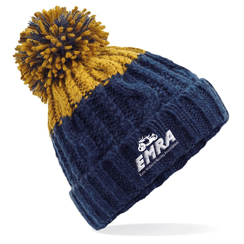EMRA Cable Knit Bobble Hat - Oxford.Navy/Mustard